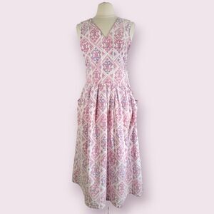 Vintage KZK Drop Waist Dress Size S Pattern 90s Pastel Pink Sleeveless Midi